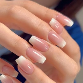 Medium Length Press on Nails Nude French Tip Fake Nails Pink White Gradient False Nails Glossy Natural Glue on Nails Reusable Acrylic Artificial Nails for Women Girls Nail Manicure Decoration 24pcs