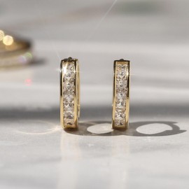 Solid 14K Gold Earrings Princess Cut Cubic Zirconia Channel Set Huggie Hoop Earrings