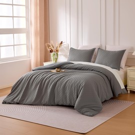 Sleep Zone Waffle Duvet Cover Queen Size 3 Pieces Boho Duvet Cover Set for All Season 1 Durable and Soft Comforter Cover with 2 Pillow Shams, 90"x90",Dark Grey Grid