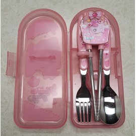 Teenieping Character Dinnerware Set with Case, Cutlery Set, Fork, Spoon, Tableware, Training Chopsticks for Beginners with Silicone Rings (heartsping)