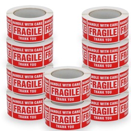 BETCKEY 10 Rolls/5000 Labels,Handle with Care Fragile Thank You, Red Warning Shipping Label Stickers (2" x 3")
