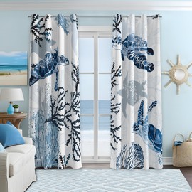 Nautical Coastal Curtains Decorative Beach Ocean Sea Turtle Coral 50% Light Blocking Sea Darkening Grommet Curtain For Villa Living Room, Bedroom Navy Blue and White 2 Panels Set, 52x96 Inches