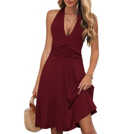 Wkior Womens Sundress Summer Beach Vacation Sleeveless Halter Neck A-Line 2025 Boho Midi Dress with Pockets Wine Red L