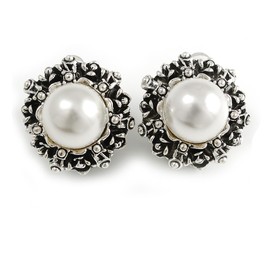 Vintage Inspired Dome Shape Faux Pearl Clip On Earrings in Aged Silver Tone - 20mm D