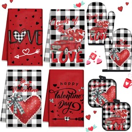 VitalCozy 8 Piezas Set de Guantes de Cocina y Agarraderas Paños de Cocina de Día de San Valentín Rojos Blancos y Negros Guantes de Horno Resistentes al Calor a Cuadros de Búfalo (Corazón)