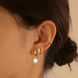 ZELORES 14K Gold Plated Hoop Earrings Multipack Trendy Pearl Chunky Hoop Earrings Stack Chain Dangle Twisted Gold Huggige Hoop Earrings for Women(Gold-Chain)