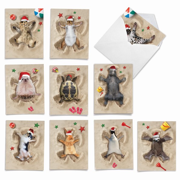 The Best Card Company Variety Pack of 10 Christmas Greeting Cards with Envelopes, Humor Holiday Assortment for Men and Women (10 Designs, 1 Each) - Holiday Sand Angels AM6844XSG-B1x10