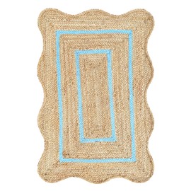 Weaving Village Wave Scalloped Natural Jute Rug - Boho Entryway Runner, Farmhouse Scallop, Sky Blue (2'x3')