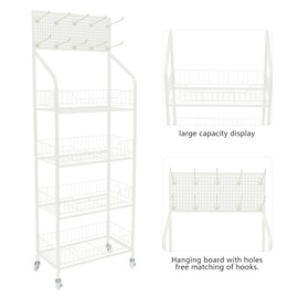 KONKENIE 4 Tier Display Snack Rack with Universal Wheels Fruit Vegetable Towel Basket Stand Cart Metal Display Stand with 10 Hanging Hooks Retail Organizer Shelf for Kitchen Office Dorm (White)