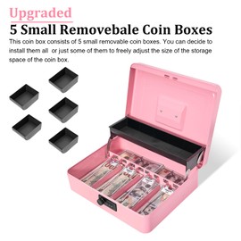 Polspag Cash Box with Combination Lock, Metal Money Box with Cash Tray, Lock Safe Box, 4 Bill/5 Coin Slots, 11.8L x 9.5W x 3.5H Inches, Portable Locking Cash Boxes,Pink