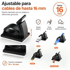 Sujeta Cables Adhesivos Ajustables 50 Piezas, Grapas para Cable Dentadas hasta 16 mm, Organizador de Cables para Pared y Escritorio, Clips para TV PC Internet y Oficina, Negro