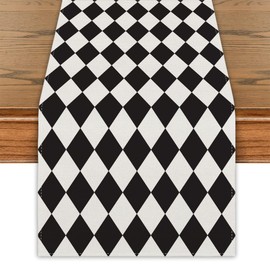 Black and White Diamond Table Runner Tea Themed Party Decor Picnic Holiday Checkered Table Cover Black and White Decorations for Simple Life Home Party