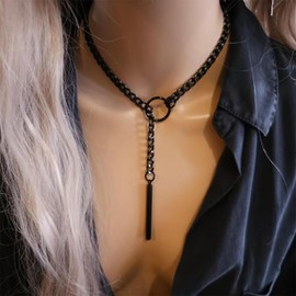 Dtexhif Heart O Ring Slip Chain Choker Necklace for Women Men Stainless Steel Cuban Chain Y-shape Necklaces Punk Rock Collar Adjustable Lariat Y Necklace Prom Necklaces Jewelry (Black bar)
