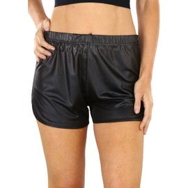 ToBeInStyle Women’s Wet Look Shiny Metallic Dance Boyshorts, Metallic Faux Leather Relaxed Mini Dolphin Shorts - Black, Large-X-Large