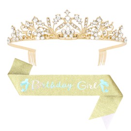 Oblihumoy Birthday Crown Sash for Women, Gold Birthday Girl Decorations Tiara for Women
