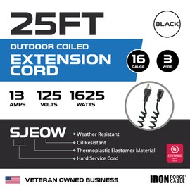 Iron Forge Cable SJEOW Black Outdoor Coiled Extension Cord 25 ft, 16/3 Oil Resistant & Flame Retardant 3 Prong Coiled Electrical Power Cable 13 Amp for Indoor & Outdoor, Great for Farms & Ranches