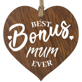 Step Mum Gifts from Daughter Son - Best Bonus Mum - Best Step Mum Gifts, Presents for Step Mum, Hanging Wooden Heart Sign Plaque, Birthday Gifts for Mum Gift, Mothers Day - Dark Wood Hearts Sign