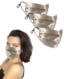 GOLDEN HOUR Silk Satin Face Mask | Sensitive Skin Face Mask | Hypoallergenic Face Mask | Adjustable Face Mask | Silk Face Mask Washable UK (Set of 3, Champagne)