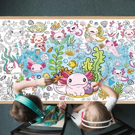 TAKEALOOKO Axolotl Giant Kids Coloring Poster - 35.5 x 72 inches Pink Cute Salamander Tablecloth Coloring Activity for Kids Birthday Party Games, Large Undersea World Poster for Classroom Party Decor