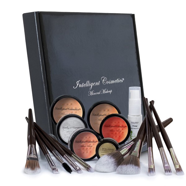 LIGHT SKIN Mineral Makeup Kit Foundation 14 Piece COMPLETE SET Pure Natural Minerals with Silk Primer and Professional Brush Set, Full Coverage