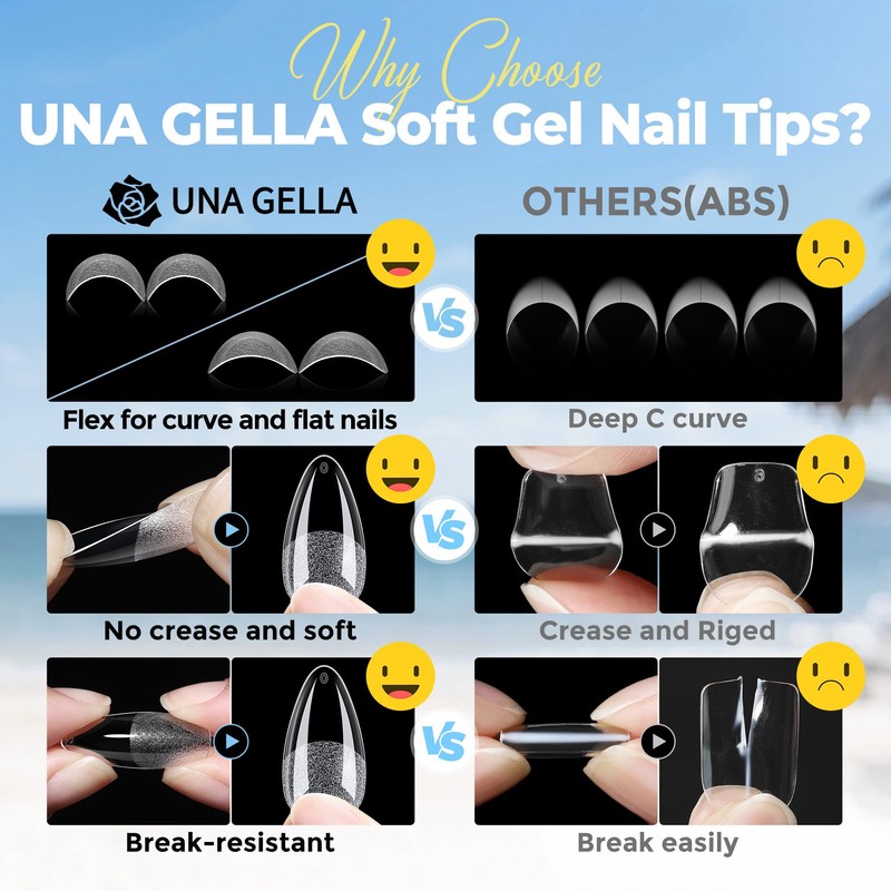 UNA GELLA Gel Nail Tips Almond Shape Medium Pre-etched 450PCS