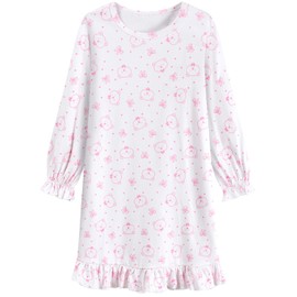 EULLA Girls Long Sleeves Nightgown Bear Nighties Kids Sleepwear Dress Ruffled Nightdress Crewneck 7-8 Years