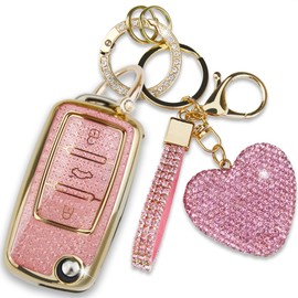 Simocky for VW Key Fob Cover with Heart Keychain, Car Key Shell for Women, Compatible with Volkswagen Jetta Golf Polo MK6 Passat Tiguan Beetle Smart Remote Key Protector (3 Buttons-Pink)