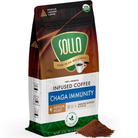 Sollo Chaga Mushroom Organic Ground Coffee - Infused Blend, Medium Roast, Enhance Focus, Immunity, Memory, and Clarity, Bold & Smooth Taste, 100% Arabica Specialty Grounds, 12 oz