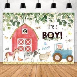 Aperturee Farm Animals Baby Shower Backdrop 7x5ft It's a Boy Red Barn Greenery Green Leaves Kids Prince Photography Background Oh Boy Newborn Party Decoration Banner Props Photo Booth