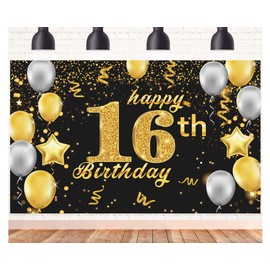 Happy 16th Birthday Banner,16th Birthday Decorations Black Gold,Party Backdrop Banner Fabric Banner for Men Women 16th Birthday Photo Backdrop,Photography Background,Outdoor Garden Table Wall Decor