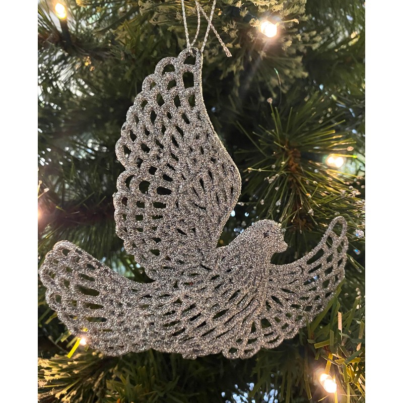 Silver Glitter Dove Bird Christmas Tree Baubles Decorations - Set
