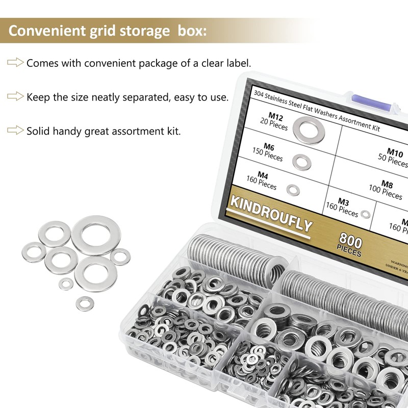 Kindroufly 7 Sizes Stainless Steel Washers Assortment Kit - 800
