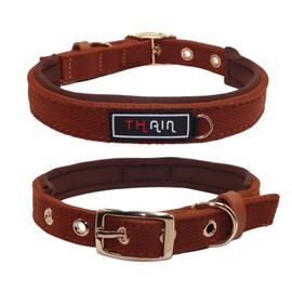 THAIN Dog Collar Five Holes Adjustment Gold Metal Buckle, Soft Comfortable Cotton Webbing with Neoprene Lining,fits Medium Dogs (Brown, M)