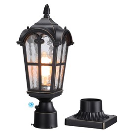 LEONLITE 17 Inch Dusk to Dawn Outdoor Post Light, Post Lantern with Pier Mount Base, Aluminum Vintage Pole Lantern, Water Ripple Glass Exterior Lamp Post Light Fixture, UL Listed, E26 Base, Black