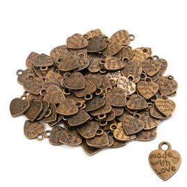 Pack of 200 Antique Heart Charm Made with Love Charm Pendant Handmade Buttons Metal Label Hand Made DIY Craft Jewellery Making Accessories Craft Decorations