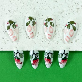 Cute White Press on Nails Medium Oval Acrylic Fake Nails Sweet Strawberry False Nails Design Glossy Artificial Glue on Nails Full Cover Stick on Nails for Women and Girls 24 Pcs