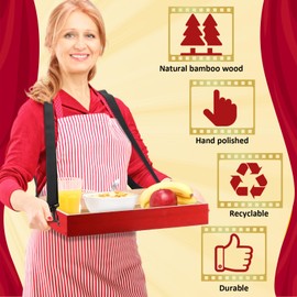 Marsui 2 Pcs Wooden Snack Trays with Strap 15 x 11 x 2 Inch Movie Snack Trays Snack and Beverage Carrier Party Tray for 20's Theme Costume Accessory Carnival Prop Adult