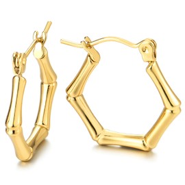 Statement Gold Color Hoop Earrings, Geometric Bamboo Links Design, Steel, Huggie Earrings Hinged