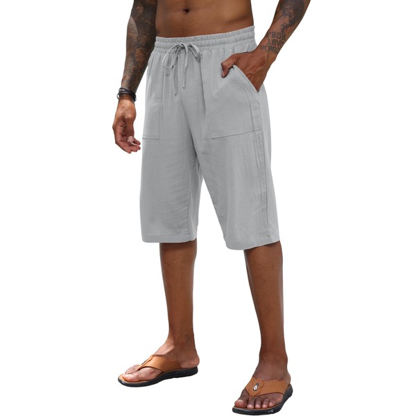 Mens Linen Shorts Casual Cotton Summer Beach Elastic Trousers 3/4
