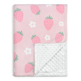 Strawberry Minky Baby Blanket 30 x 40 Inches for Girls, Soft Plush Receiving Blanket with Dotted Back, Gift for Toddler Newborn Infant Christmas Birthday Baby Shower