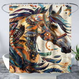AILONEN Dreamcatcher Horse Shower Curtain,Exotic Feather Boho Horse Native Ethnic Waterproof Bath Curtain, 72" W x 72" H