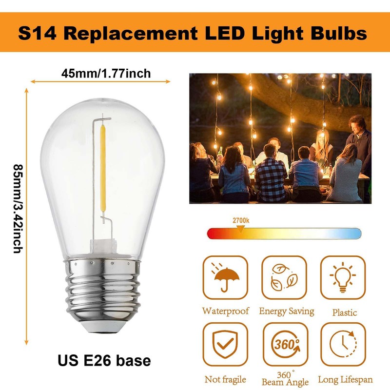 abulber S14 Led Bulbs for Outdoor String Lights,Shatterproof Waterproof Clear