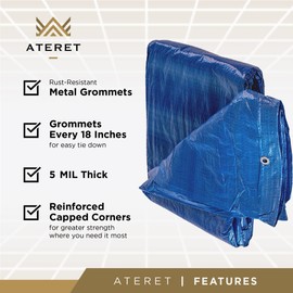 ATERET Multi-Purpose Blue Tarp Cover I Waterproof, 5-Mil Thick Plastic Poly with Grommets Eyes for Secured Tie Down I Great Idea Use for Roof, Camping, Patio, Canopy, Boat, Tent & Camping (10' x 20')