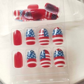 Oval Press on Nails Short Independence Day Fake Nail Glitter Full Cover Acrylic Nails Artificial Glossy Red Blue False Nails with Star Stripe Flag Design Short Glue on Nails for Women