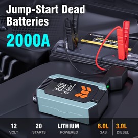 Portable Car Jump Starter with Air Compressor, 2000A 150PSI Jump Starter Power Pack (6.0 Gas/3.0L Diesel), 12V Jump Box with Smart Jumper Cables, Auto-Shutoff Inflator, and Tire Pressure Display.