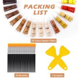 SEISSO Furniture Repair Kit, Wood Floor Repair Kit Furniture Touch Up Kit Cover Wood Scratch Restorer Filler for Wooden Floor, Table, Door, Cabinet, with 24 Brushes, 2 Scrapers (24 Colors (set of 50）)