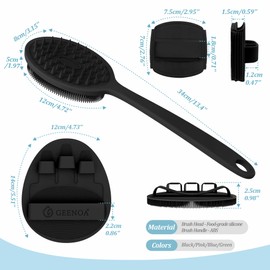 GEENOA - Juego de 3 guantes de silicona para la espalda y la cara y el baño, exfoliante suave con cabeza de doble cara y mango antideslizante, guante de baño de silicona suave para espuma rica y