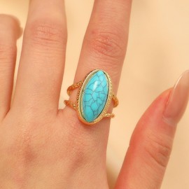 Kysin Chiys Geometric Oval Statement Ring Gold Retro Turquoise Tiger Eye Adjustable Open Band Wrap Finger Rings Fit Boho Vintage Wedding Engagement Jewelry for Women - Blue