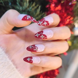 Christmas Fake Nails Almond Press on Nails Medium False Nails with Snowflase Designs Acrylic Nails Press ons Glossy Nails Full Cover Glue on Nails Christmas Stick on Nails for Women 24Pcs