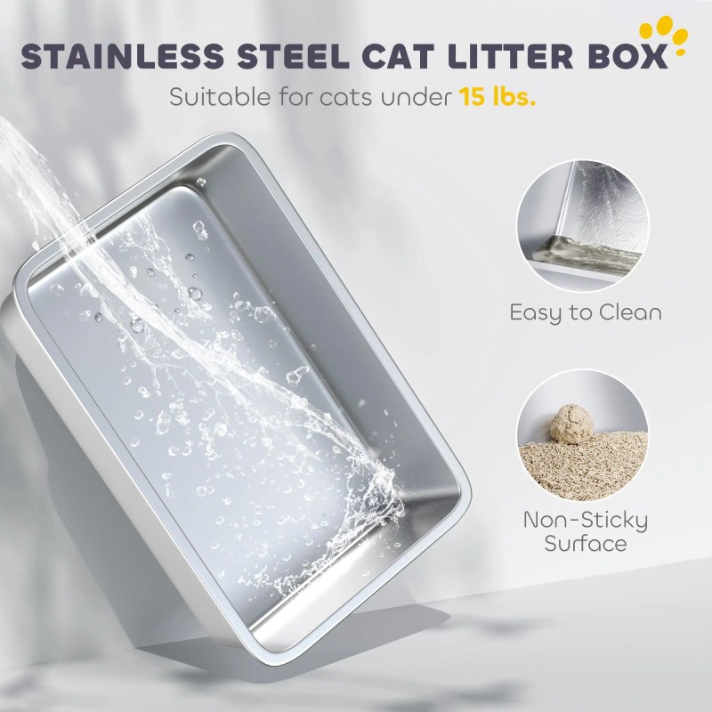 Extra Large Stainless Steel Cat Litter Box with Enclosure Scoop